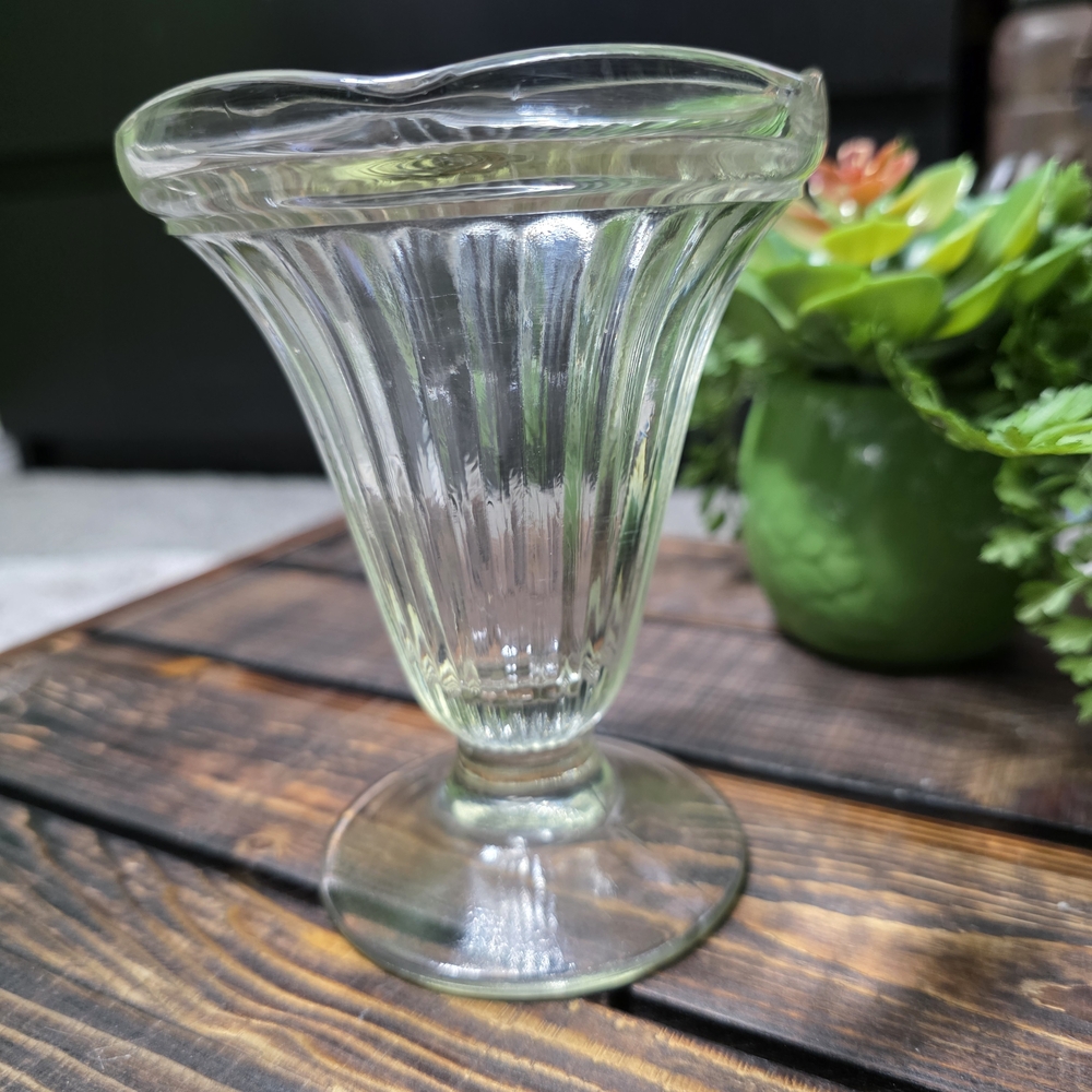 Vintage Sundae Glass, Ribbed Texture, Flower Shaped, Small Chip, Yellow Tint